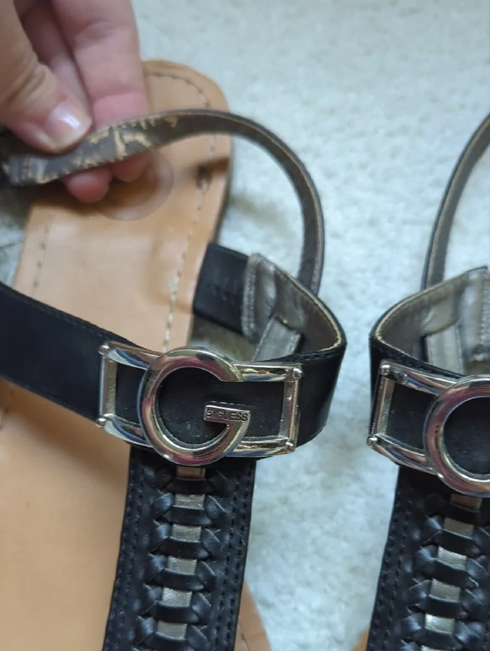 G by Guess Brown and Black T-Strap Sandals with G Hardware